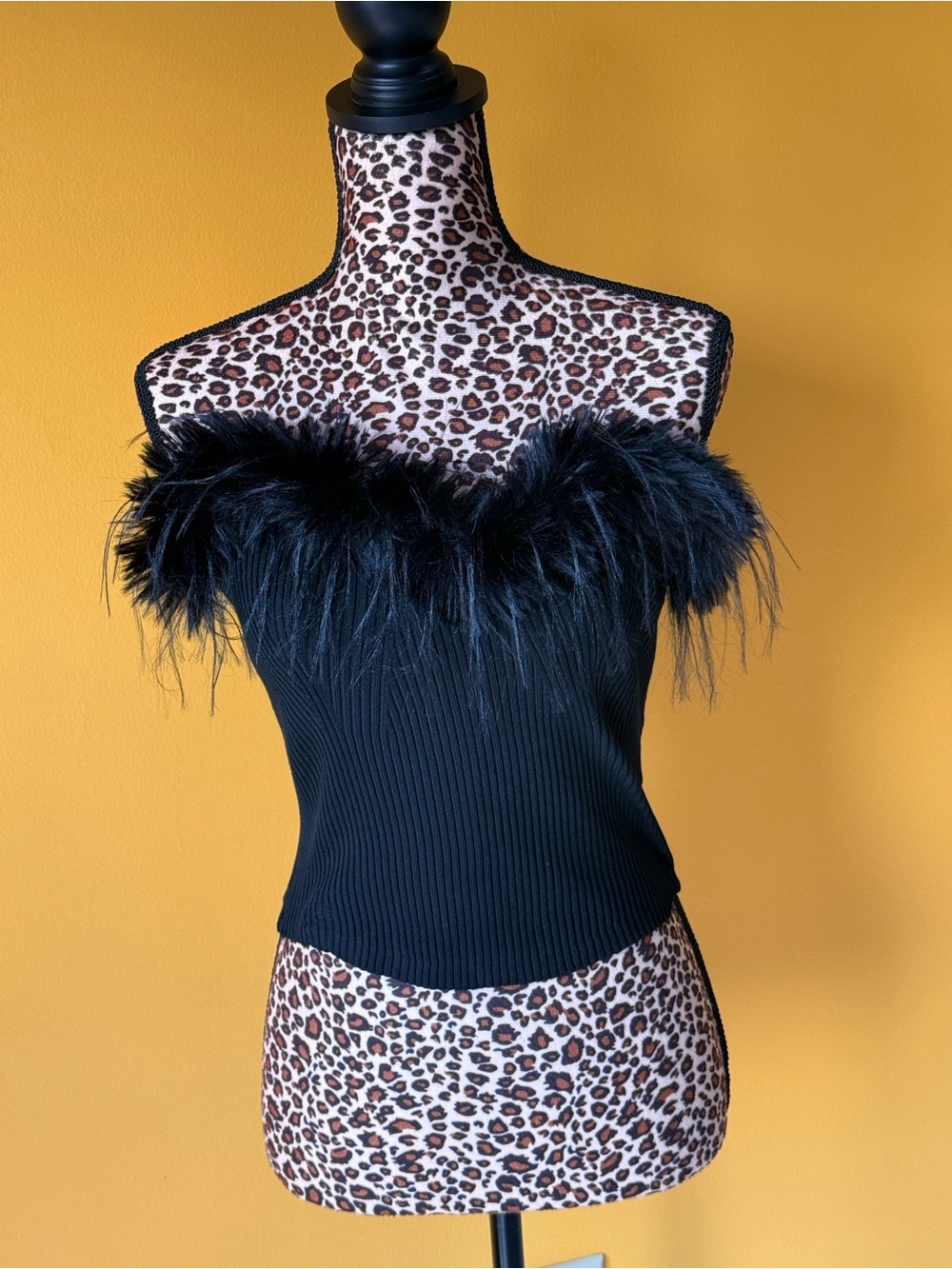 Black Feather-Trim Ribbed Strapless Top